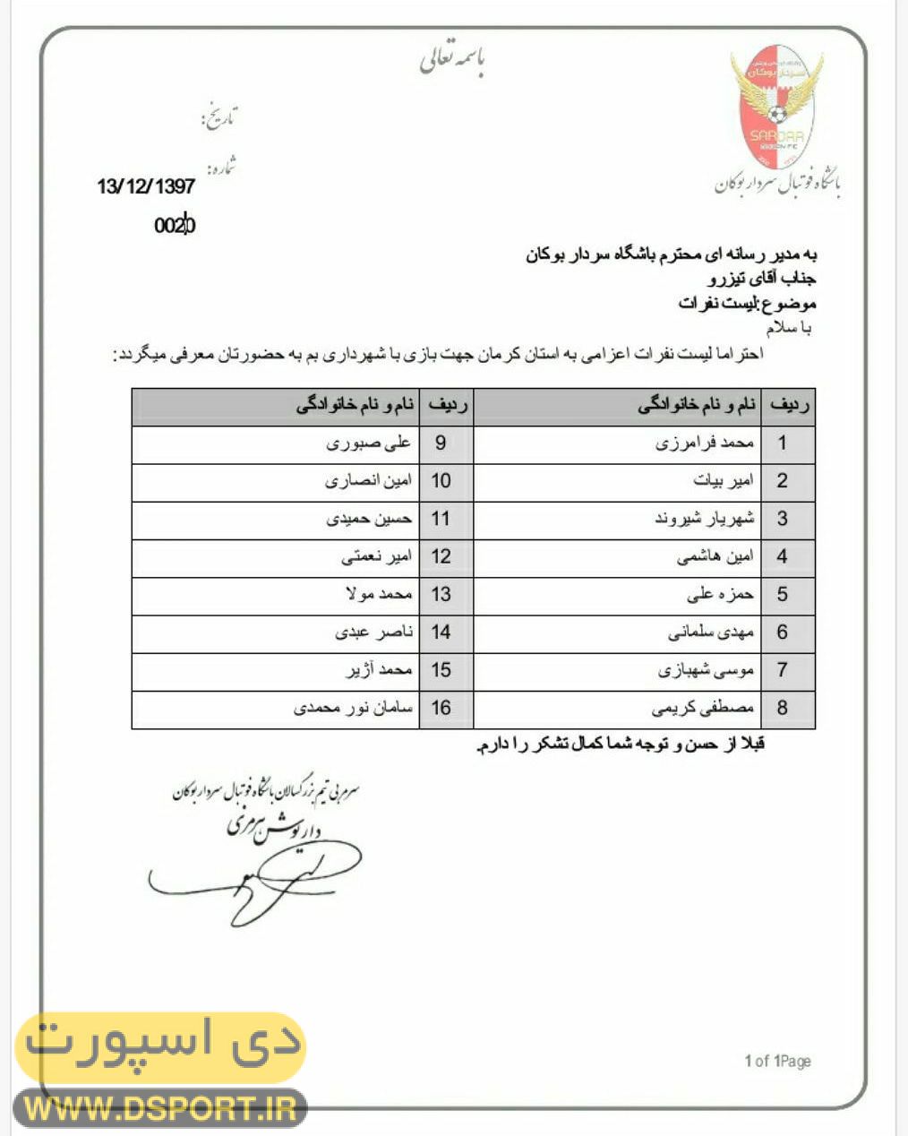 اعلام لیست بازیکنان سردار بوکان برای دیدار با شهرداری بم (عکس)