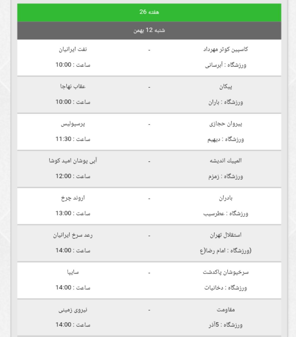 برنامه بازی های هفته ۲۶ لیگ برتر امید تهران