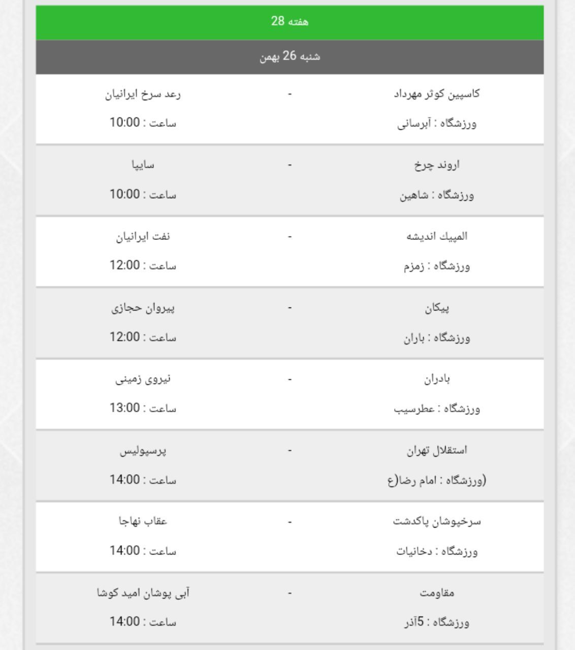 برنامه بازی های هفته 28 لیگ برتر امید تهران