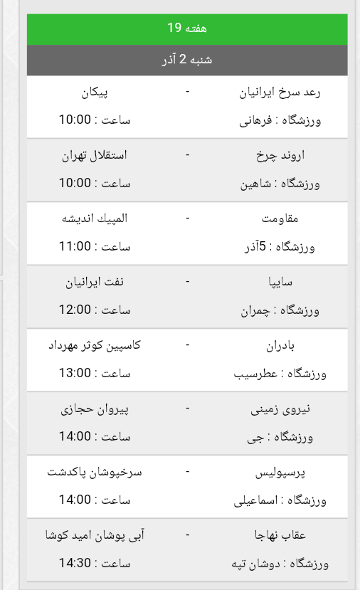 برنامه بازی های هفته نوزدهم لیگ برتر امید تهران