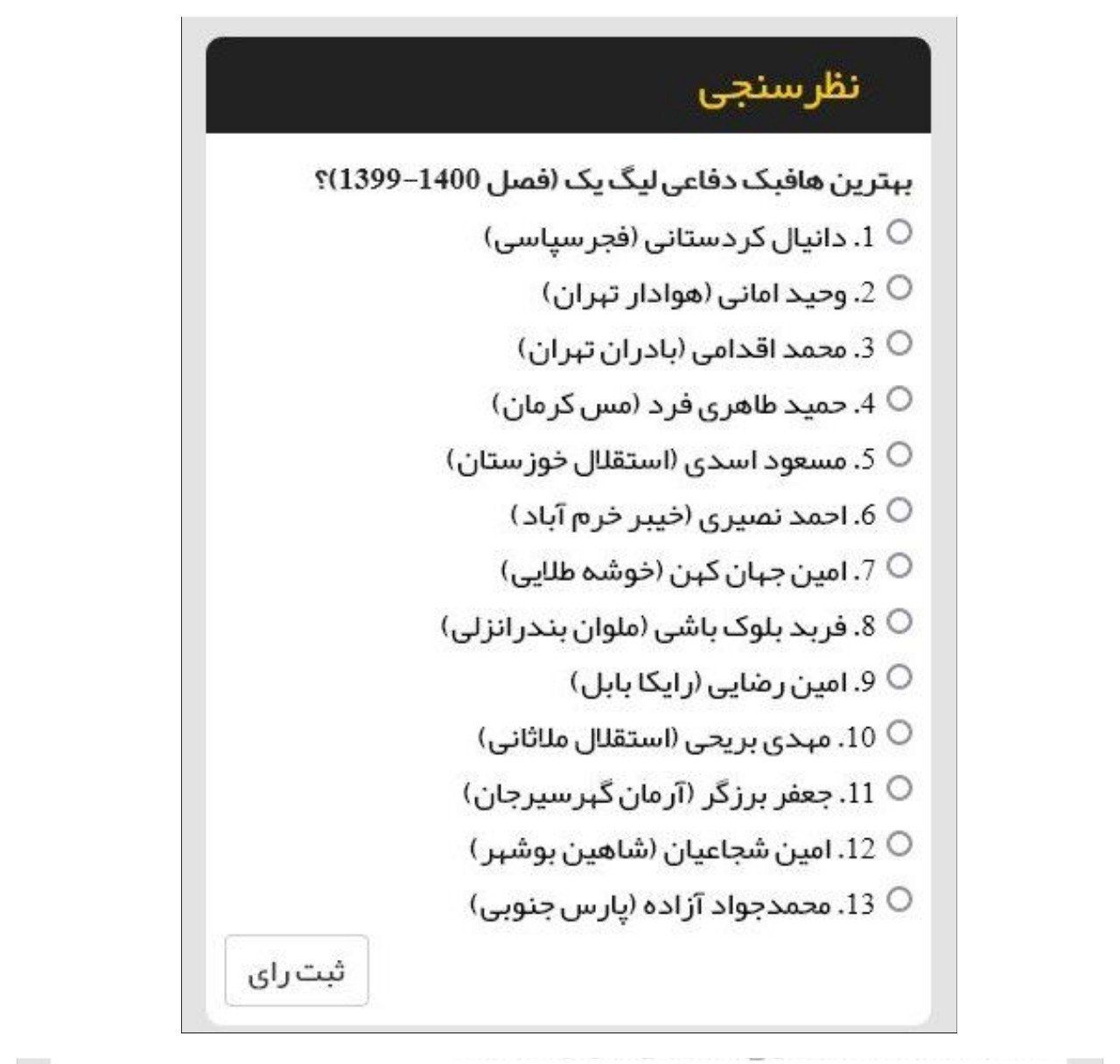 نظرسنجی| بهترین هافبک دفاعی لیگ یک فصل(1400-1399)؟